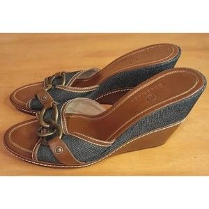 Cole Haan Women's Size10 High Heel Wedge Sandal Brown Leather Denim